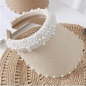 119. Cream Pearl-Embellished Straw Sun Visor